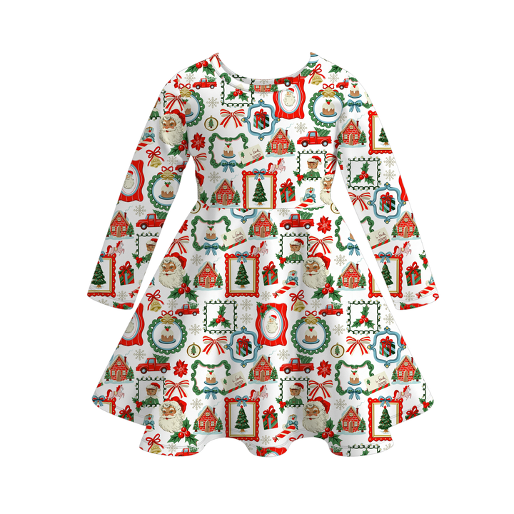 Christmas Cute Printed Long Sleeve Twirl Dress