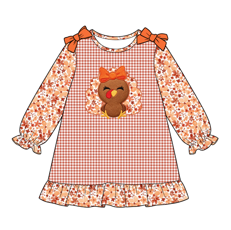 Thanksgiving Cute turkey embroidered ruffle dress Matching outfits for sisters