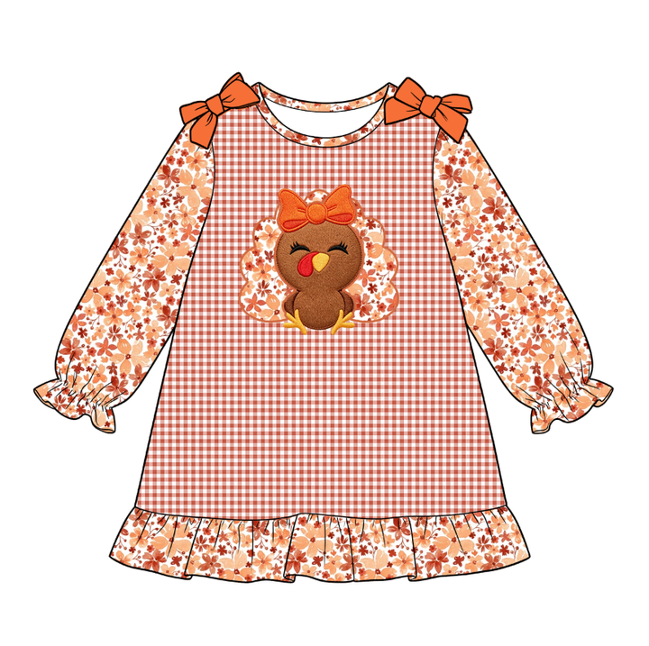 Thanksgiving Cute turkey embroidered ruffle dress Matching outfits for sisters