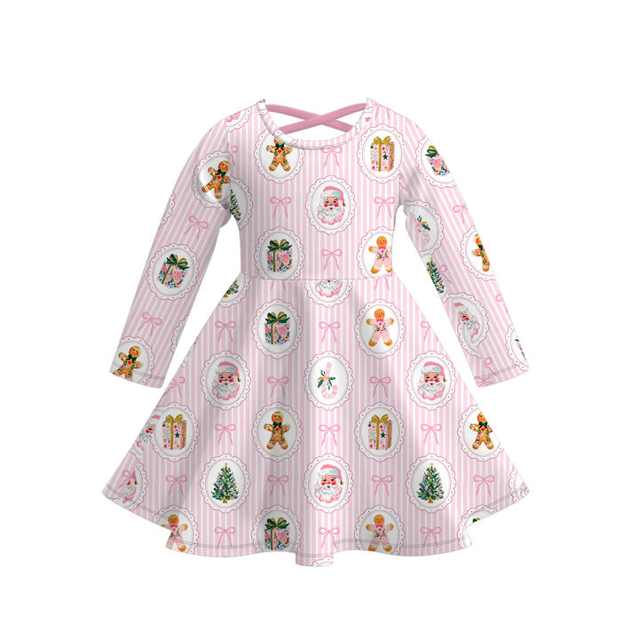 Girls Christmas Santa Gingerbread Man Print Pink Striped Swing Dress