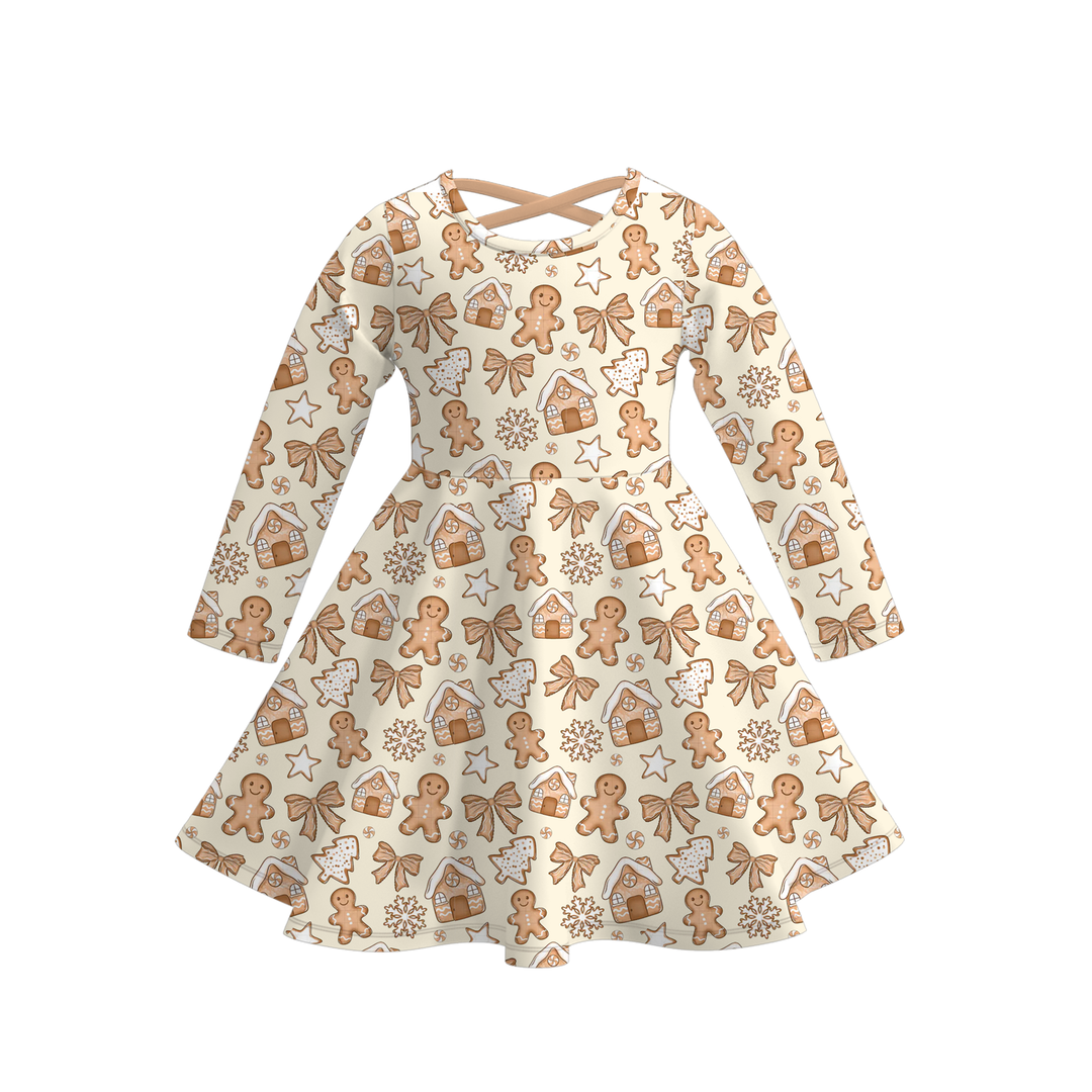 Girls Christmas Santa Gingerbread Man Print Pink Striped Swing Dress