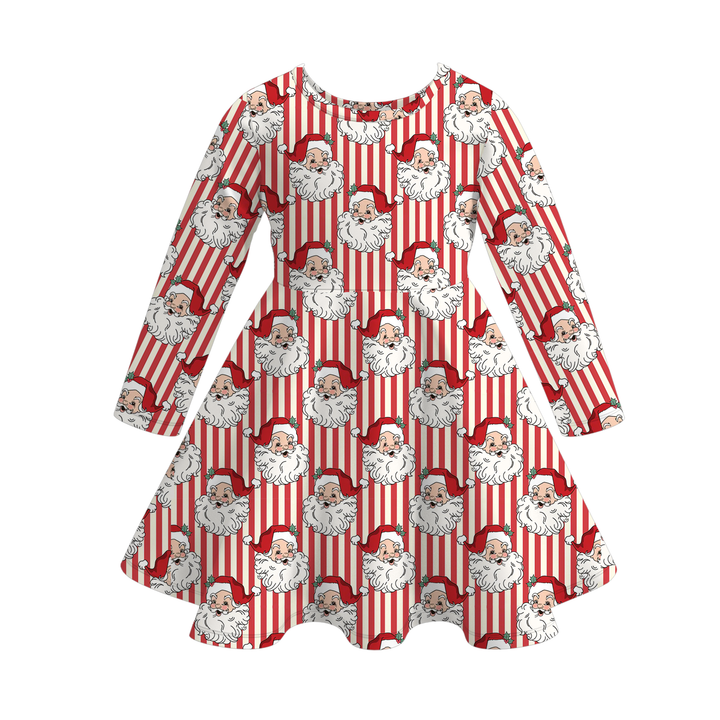 Girls Christmas Santa Claus Print Red Striped Twirl Dress