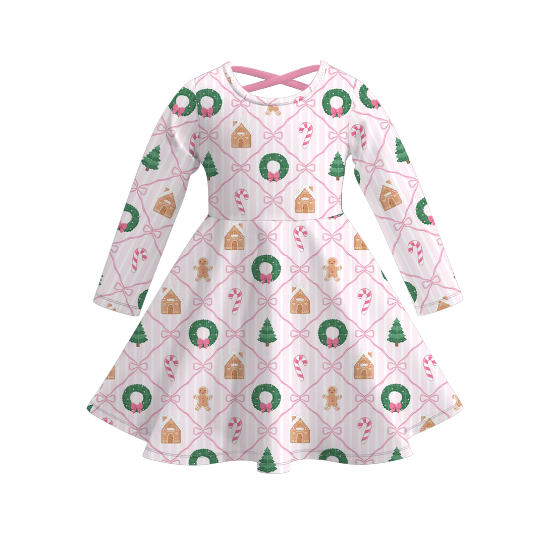 Girls Christmas Santa Gingerbread Man Print Pink Striped Swing Dress