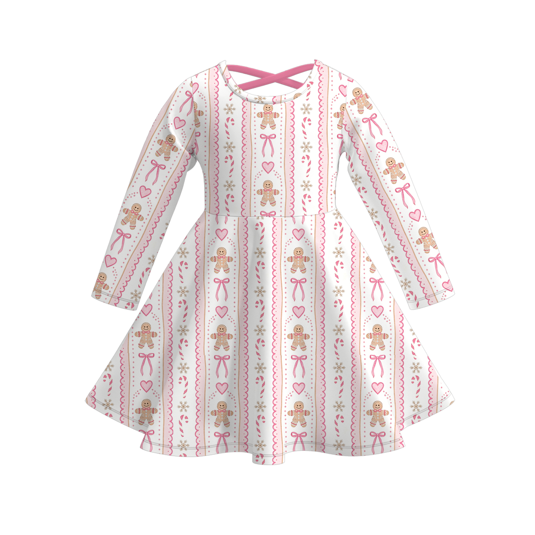 Girls Christmas Santa Gingerbread Man Print Pink Striped Swing Dress