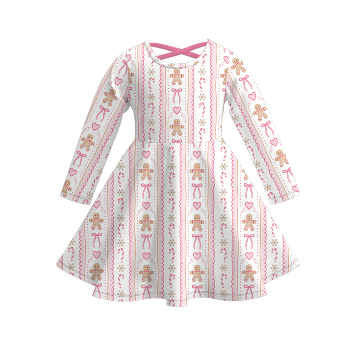 Girls Christmas Santa Gingerbread Man Print Pink Striped Swing Dress