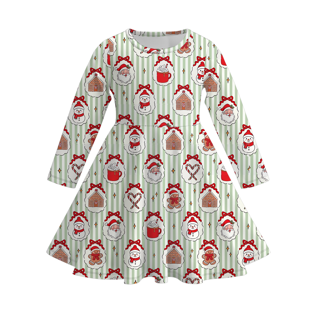 Girls Christmas Santa Claus Print Red Striped Twirl Dress