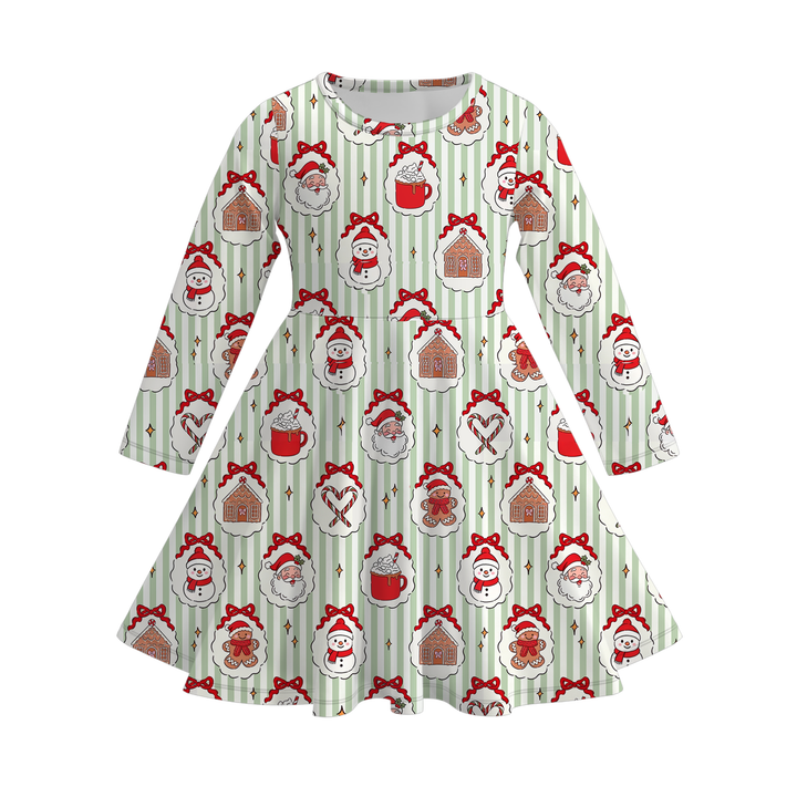 Girls Christmas Santa Claus Print Red Striped Twirl Dress