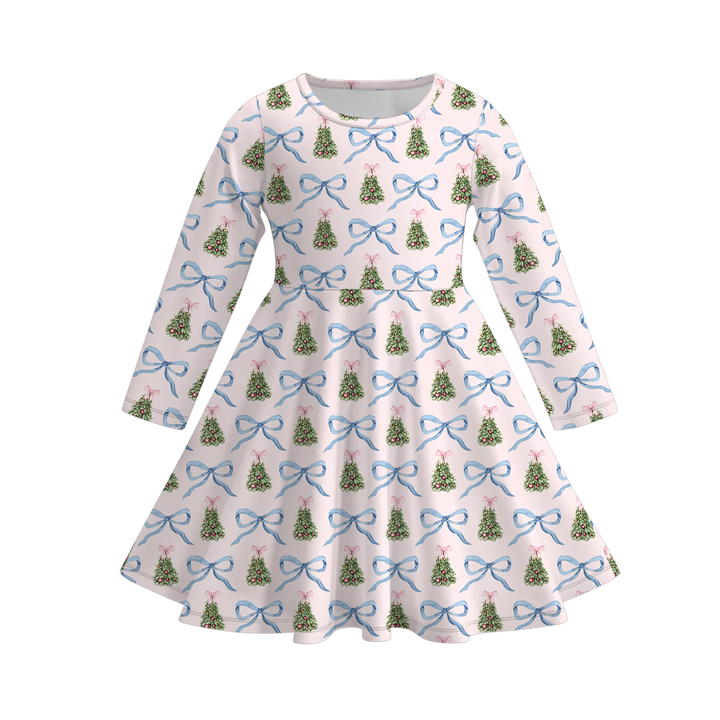 Girls Christmas Santa Claus Print Red Striped Twirl Dress