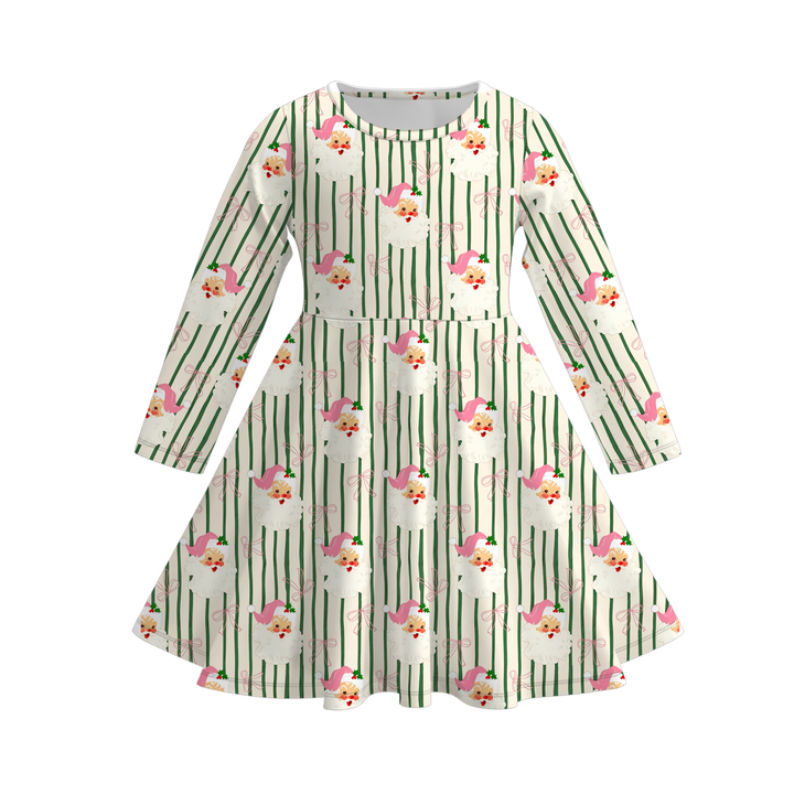 Girls Christmas Santa Claus Print Red Striped Twirl Dress