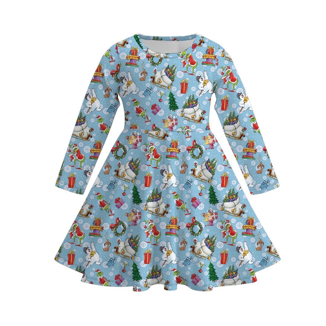 Girls Christmas Santa Claus Print Red Striped Twirl Dress
