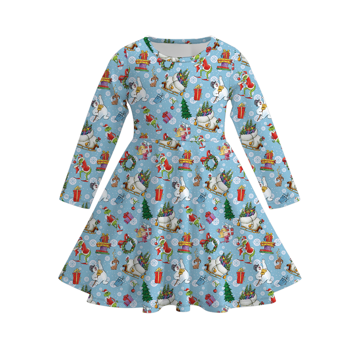 Girls Christmas Santa Claus Print Red Striped Twirl Dress