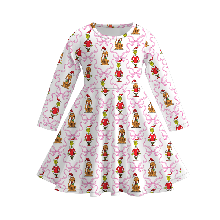 Girls Christmas Santa Claus Print Red Striped Twirl Dress