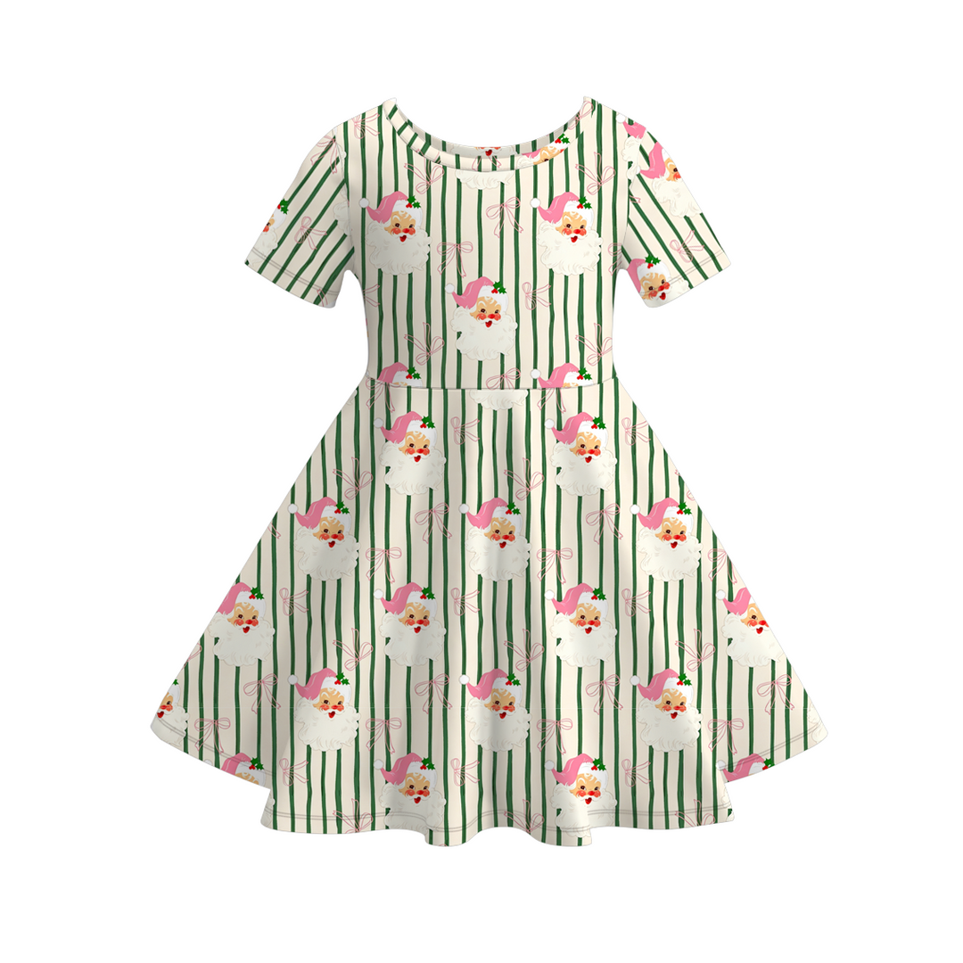 Girls Christmas pink Santa bow twirl ruffle dress