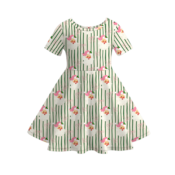 Girls Christmas pink Santa bow twirl ruffle dress