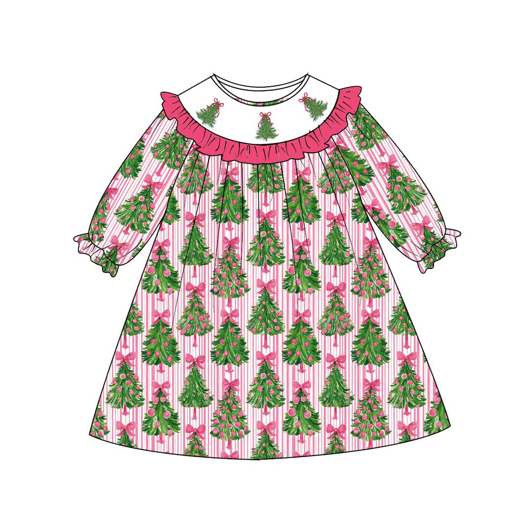 Personalized Christmas Tree Pink Ruffle Embroidered Dress