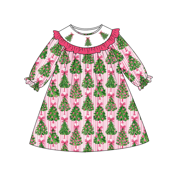 Personalized Christmas Tree Pink Ruffle Embroidered Dress
