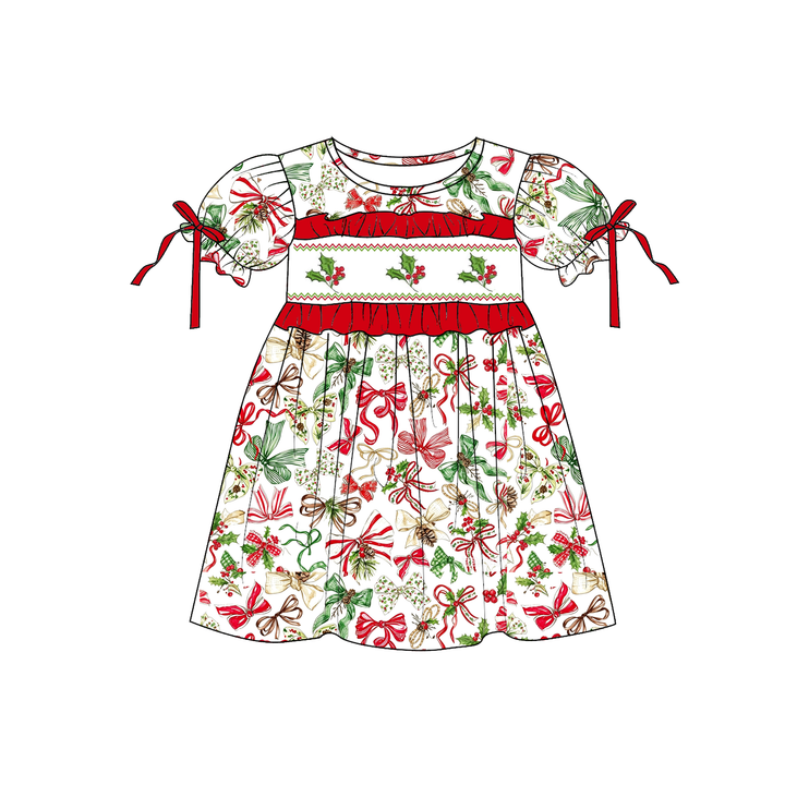 Girls' Christmas Bow Print Holly Embroideried Ruffle Dress