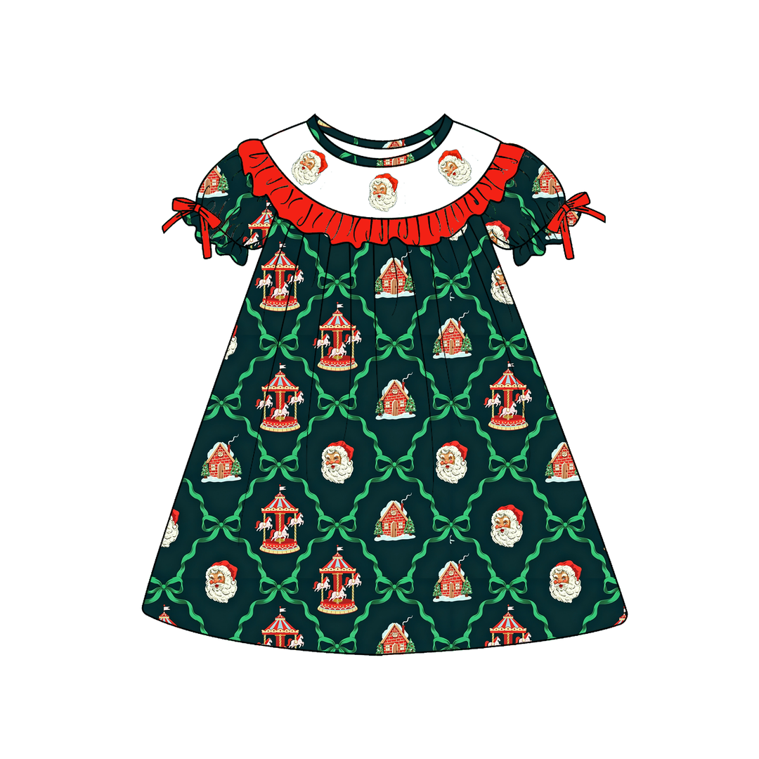 Personalized custom name Christmas Cute Santa Ruffle Embroidered Dress
