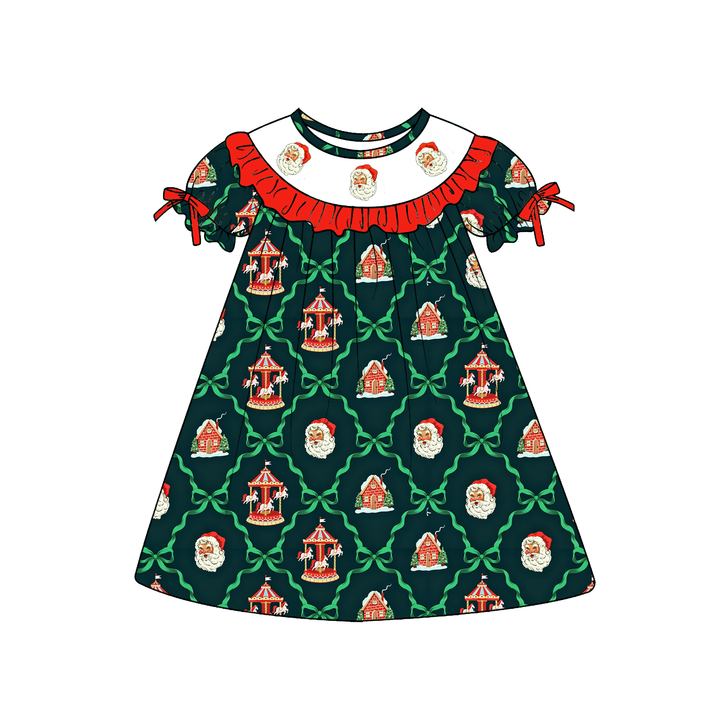Personalized custom name Christmas Cute Santa Ruffle Embroidered Dress