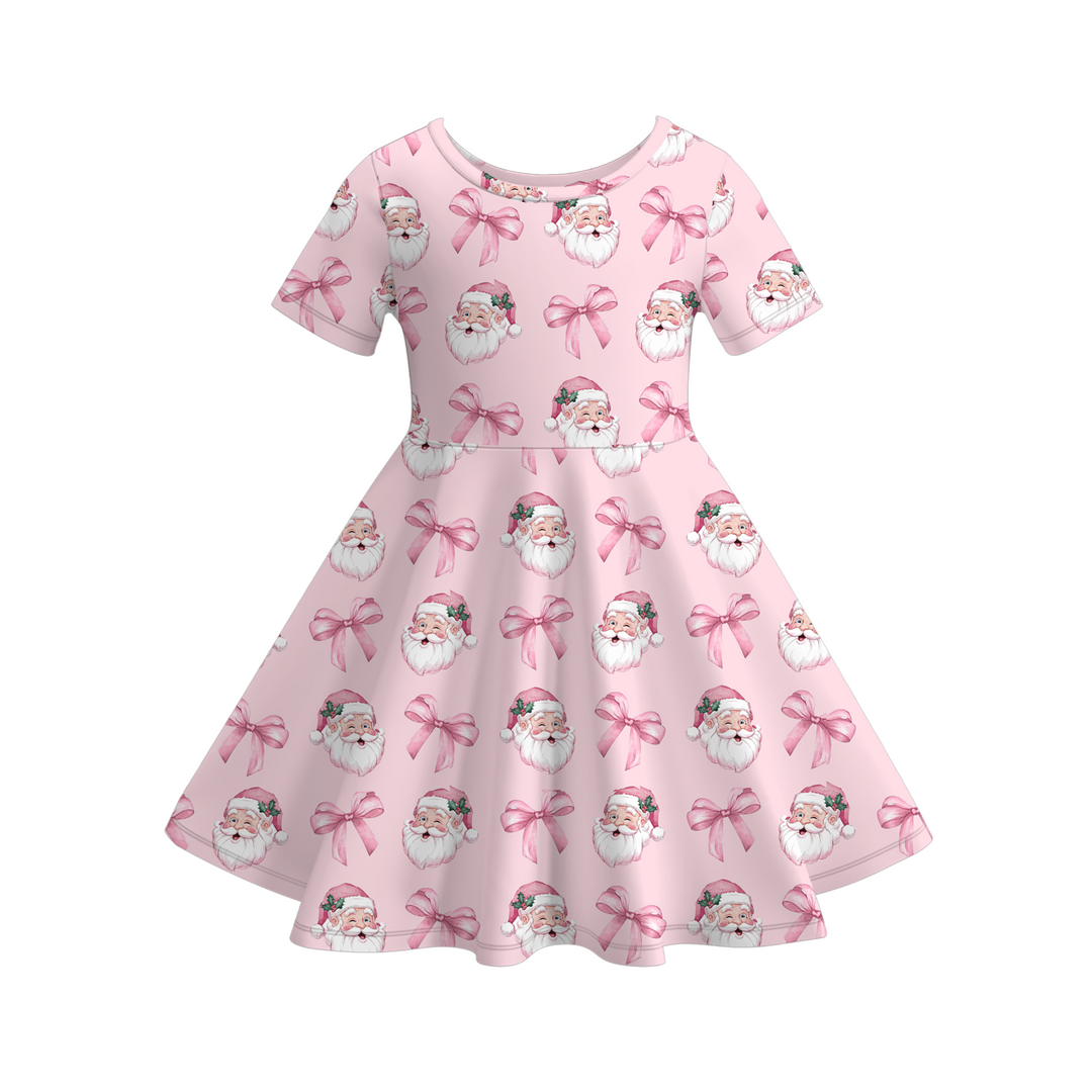 Girls Christmas pink Santa bow twirl ruffle dress