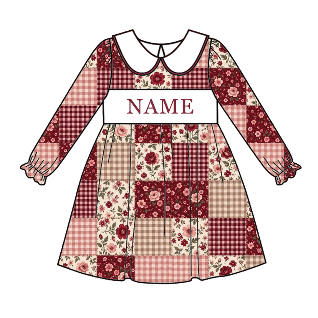 Personalized Embroidery Name Girls Burgundy Patchwork Romper Dress