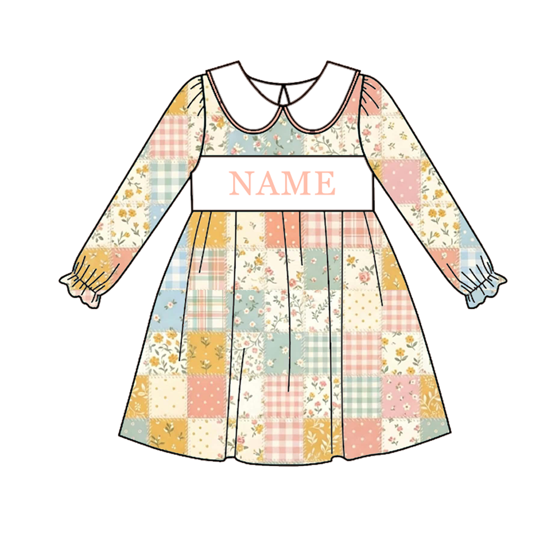 Personalized Name Baby Girls Patchwork Long Sleeve Bubble Romper Dress Collection