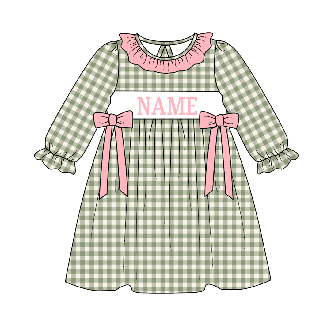 Personalized Custom Name Sage Green Gingham Plaid Sibling Matching Outfits