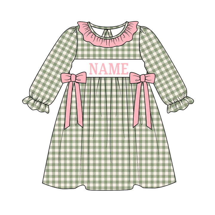 Personalized Custom Name Sage Green Gingham Plaid Sibling Matching Outfits