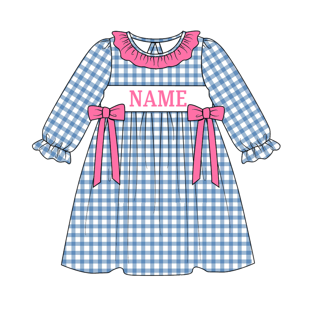 Personalized Custom Name Blue Gingham Plaid Sibling Matching Outfits