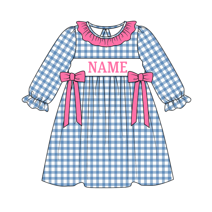 Personalized Custom Name Blue Gingham Plaid Sibling Matching Outfits