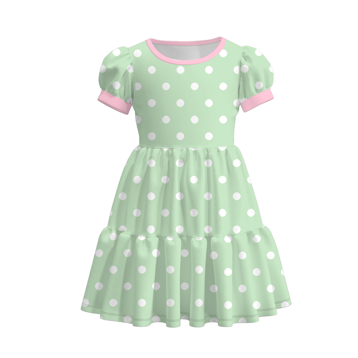 Girls Pastel Polka Dot Print Ruffle Tiered Dress