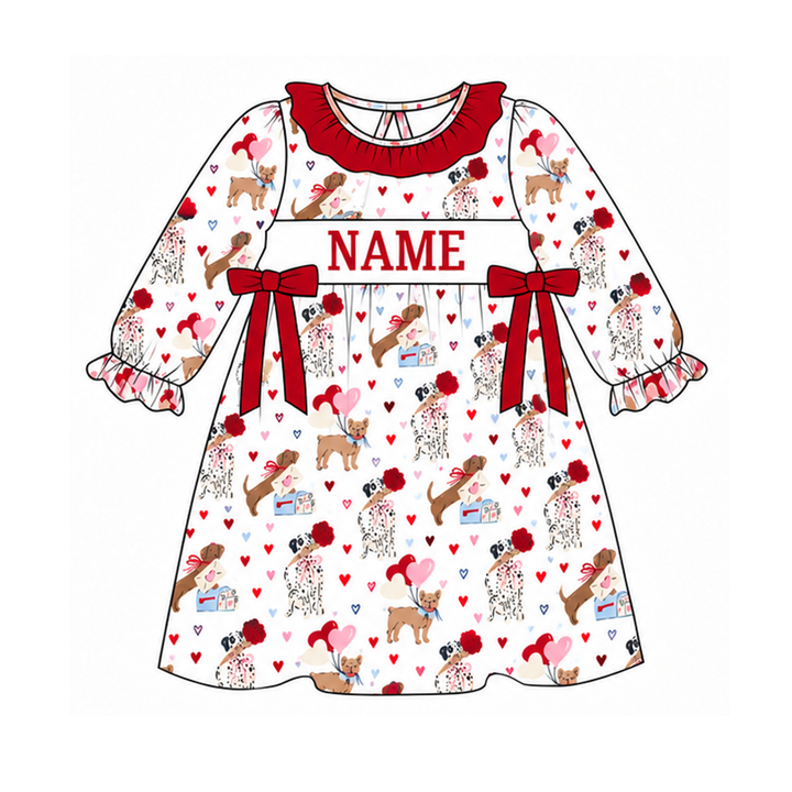 Custom Name Valentine Puppy Bubble Romper Dog Heart Print Ruffle Dress Sibling Outfits