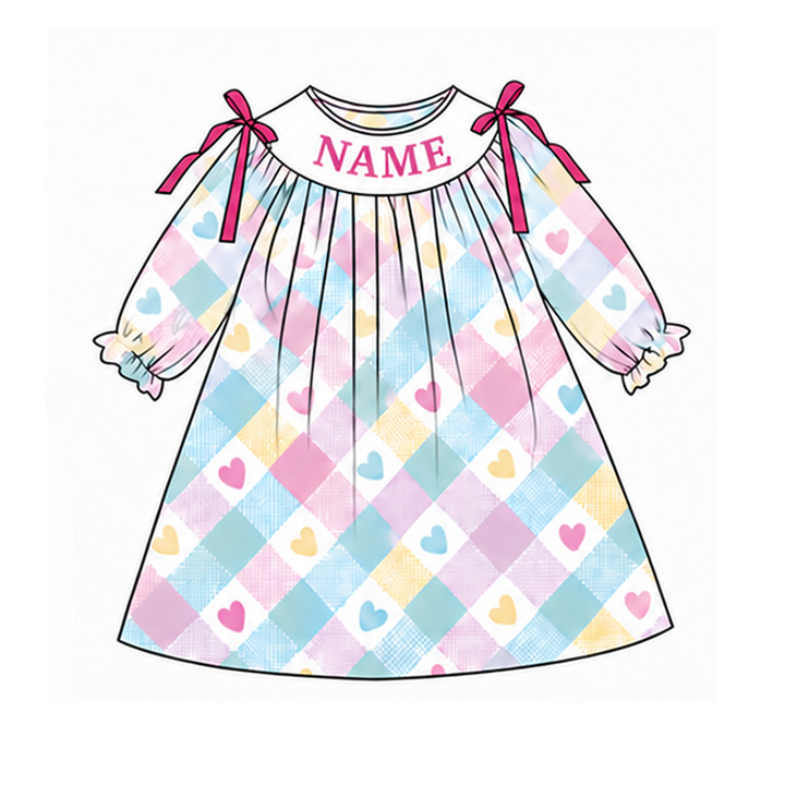 Personalized Pastel Heart Plaid Sibling Outfits Custom Name Valentine&