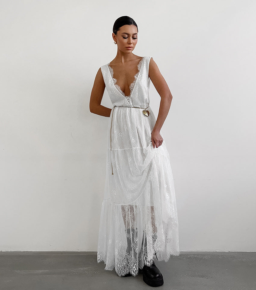 Embroidery Lace Plunge Maxi Dress