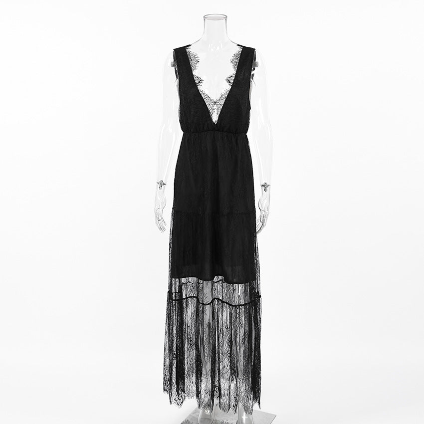 Embroidery Lace Plunge Maxi Dress