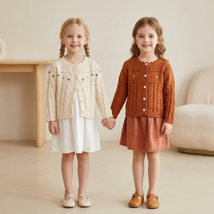 Embroidered Flower Cable Knit Sweater for baby girls