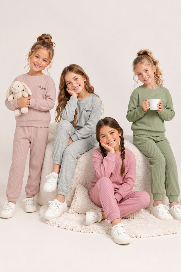 Kids Waffle Knit Sweatshirt &amp; Matching Pants Loungewear 2-Piece Outfit