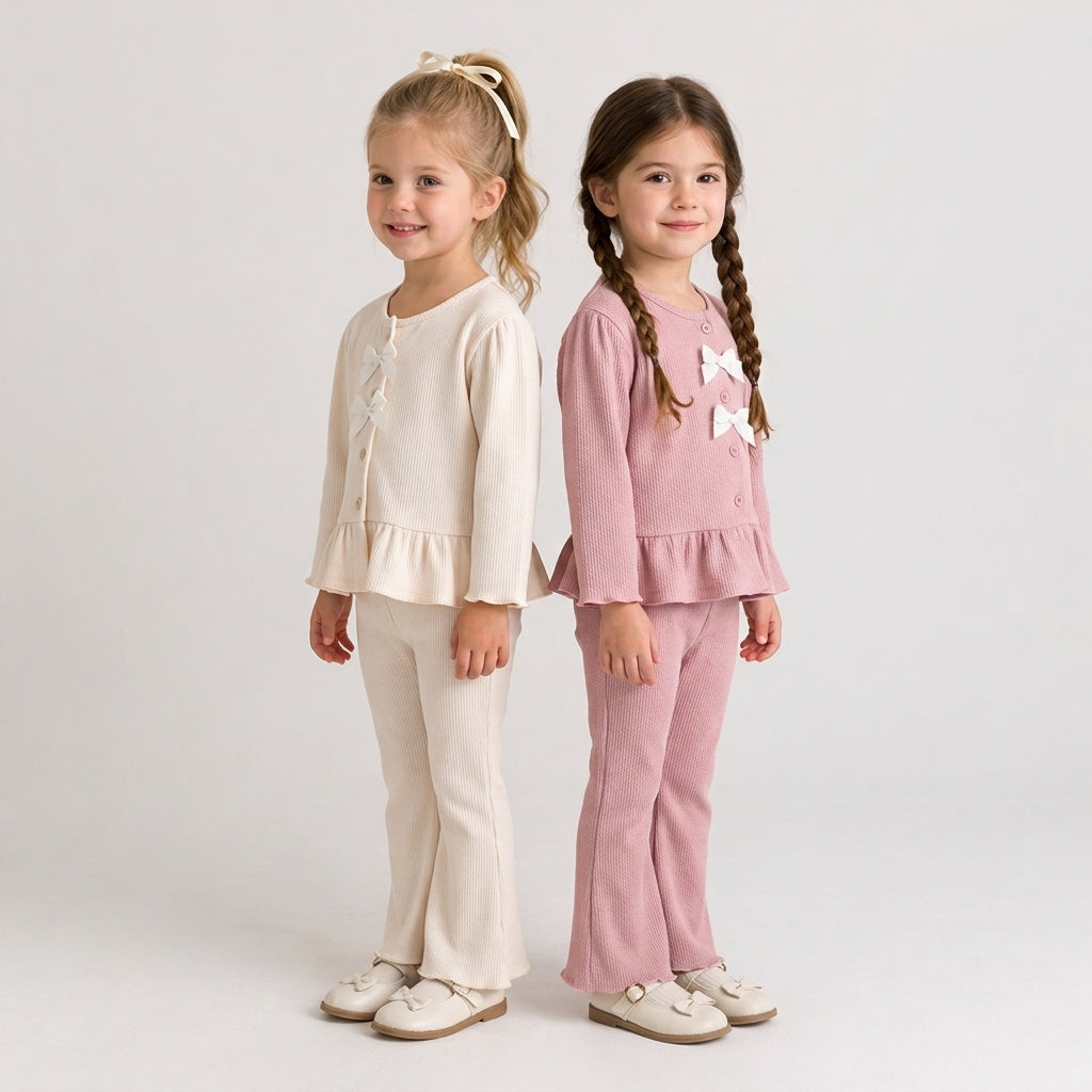 Girls Ribbed Knit Bow Long Sleeve Top &amp; Flared Pants Set