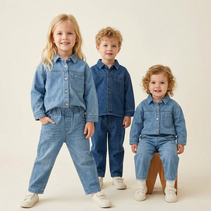 Kids Denim Button-Down Long Sleeve Shirt Top &amp; Jeans Pants Outfits