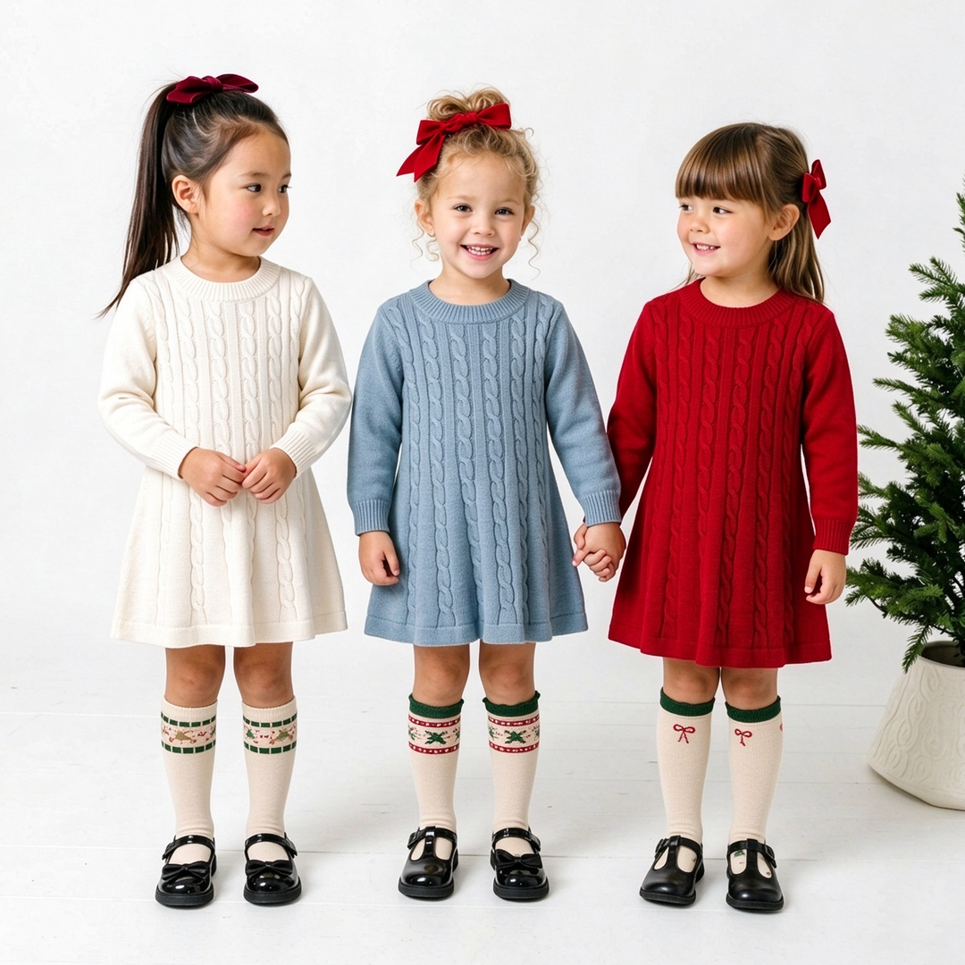 Girls' Cable-Knit Long-Sleeve Sweater Dress Christmas Knit Dress