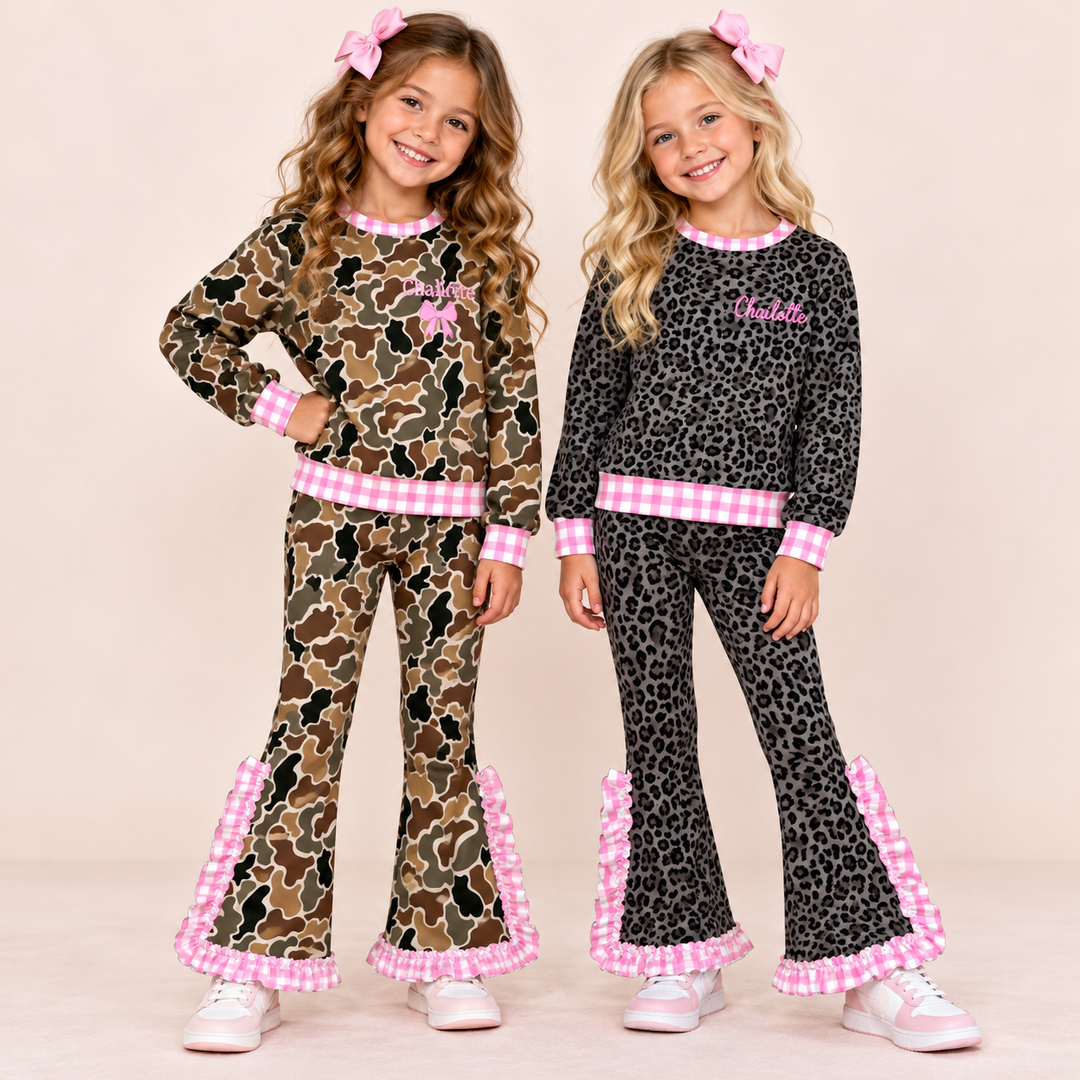 Personalized Girls Camo & Leopard Print Ruffle Flare Pants Set