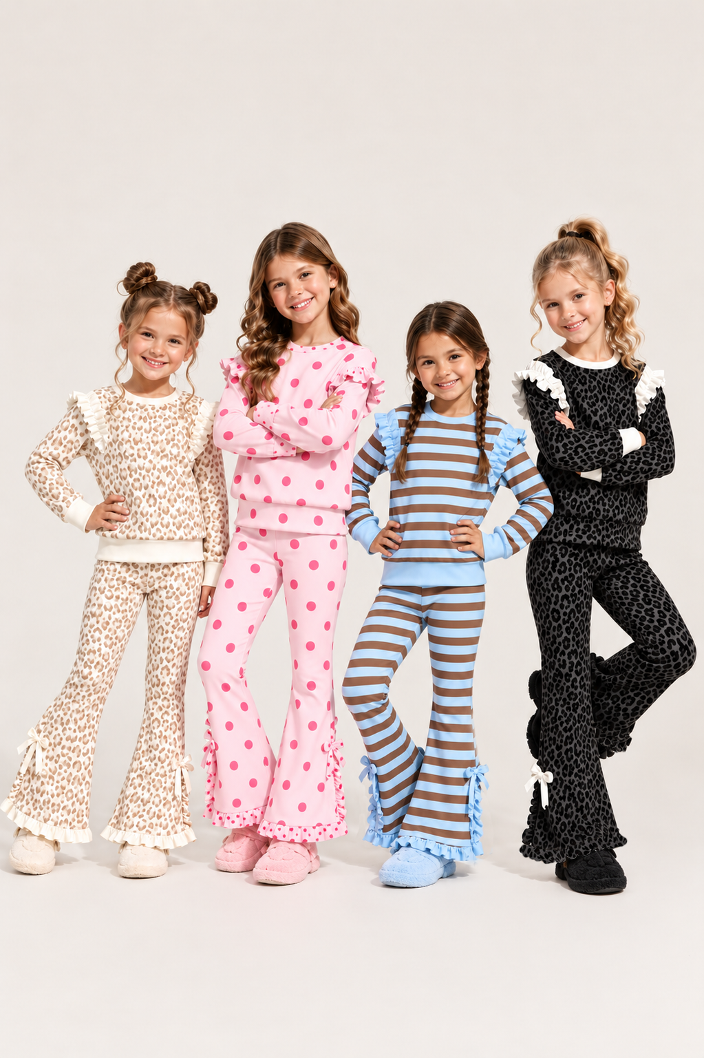Girls Polka Dot Leopard Ruffle Sweatshirt Top&Flared Bell Bottom Pants