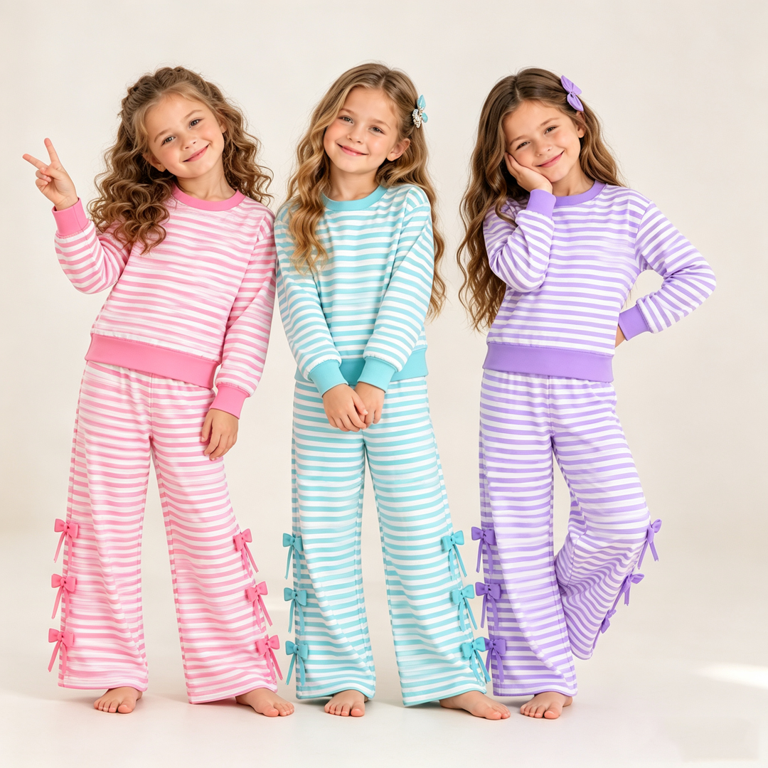 Girls Striped Pullover Sweatshirt&Bowknot Bottom Pants