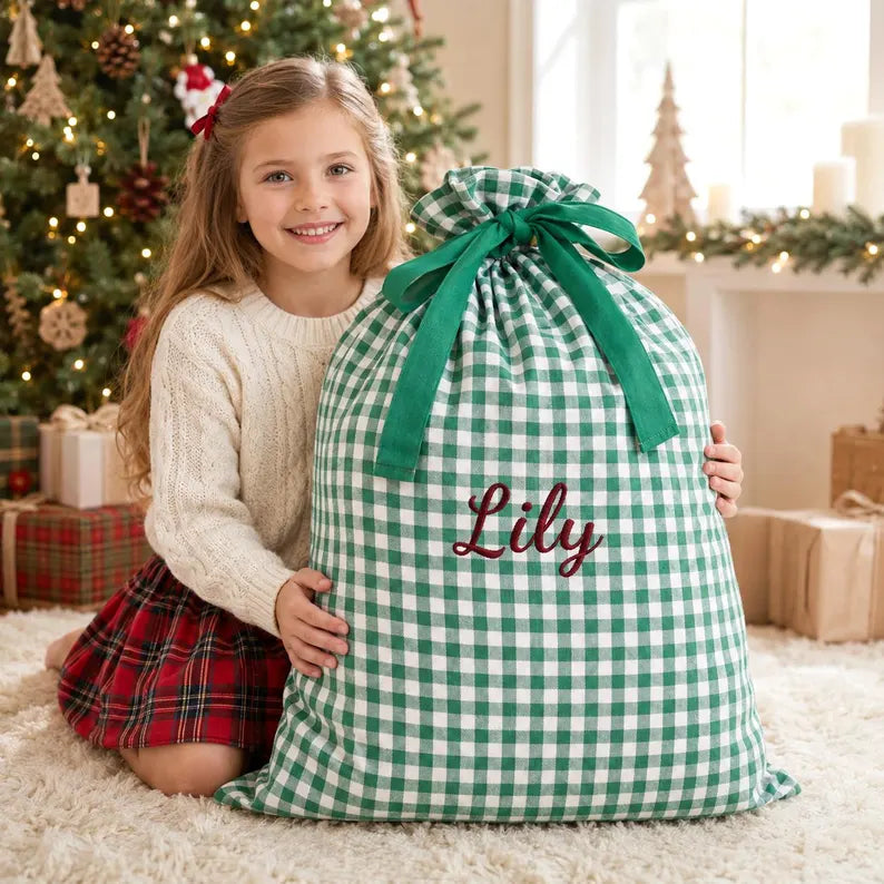 Personalized Gingham Christmas Sack Custom Embroidered Name Santa Bag