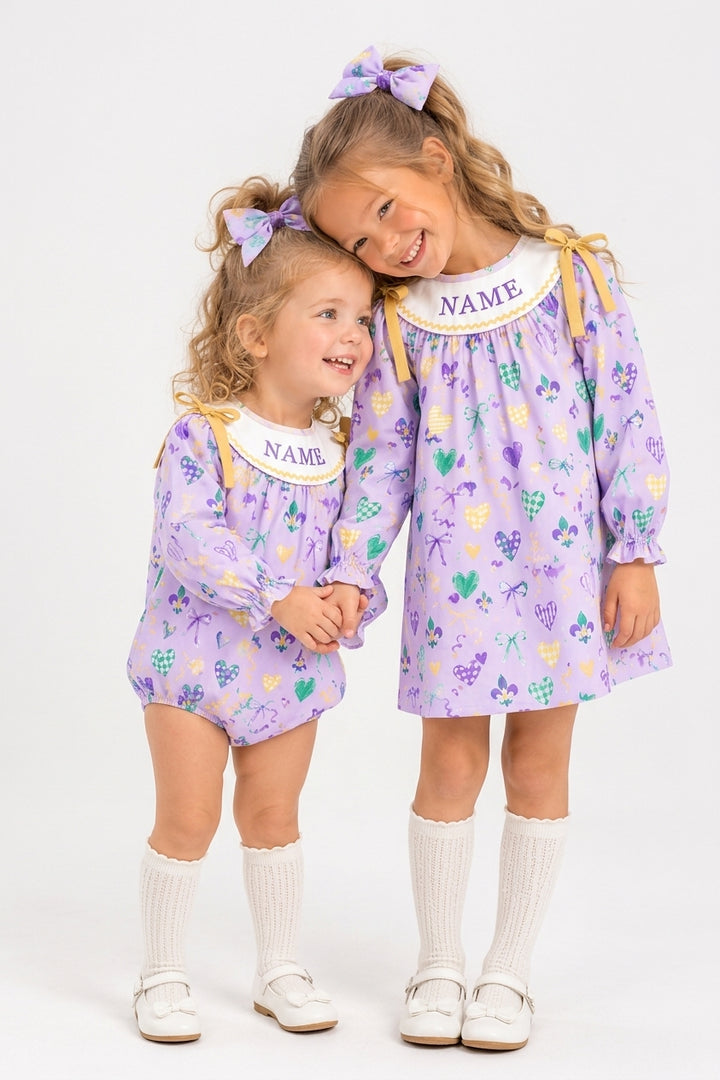 Personalized Embroidery Name Mardi Gras Sister Matching Outfits