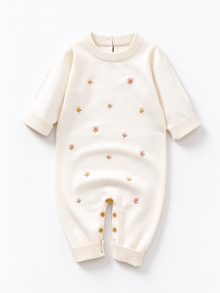 Newborn Baby Long-Sleeve Floral Embroidery Knitted Romper