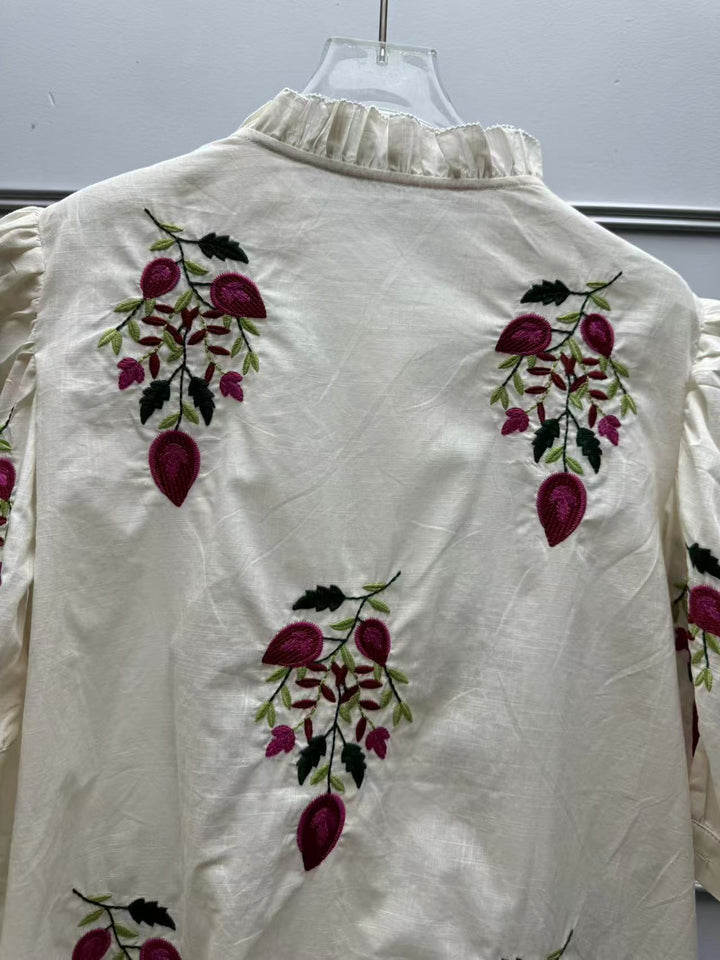 Flower Embroidered Button Shirt with Puff Sleeves