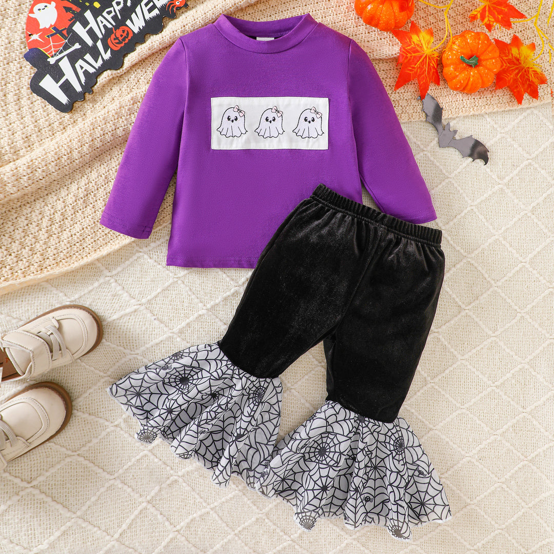 Halloween Cute Pumpkin Embroidered Flared Pants Suit