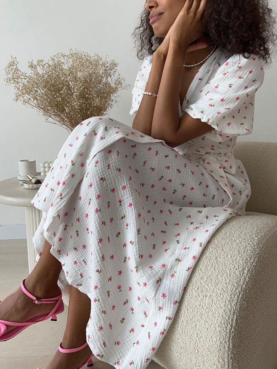Cotton crepe puff sleeve V-neck lace-up floral dress