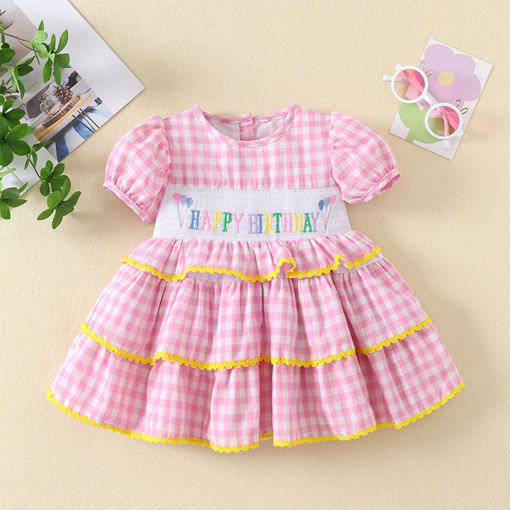 Bow tie Birthday embroidery cake dress with puff sleeves